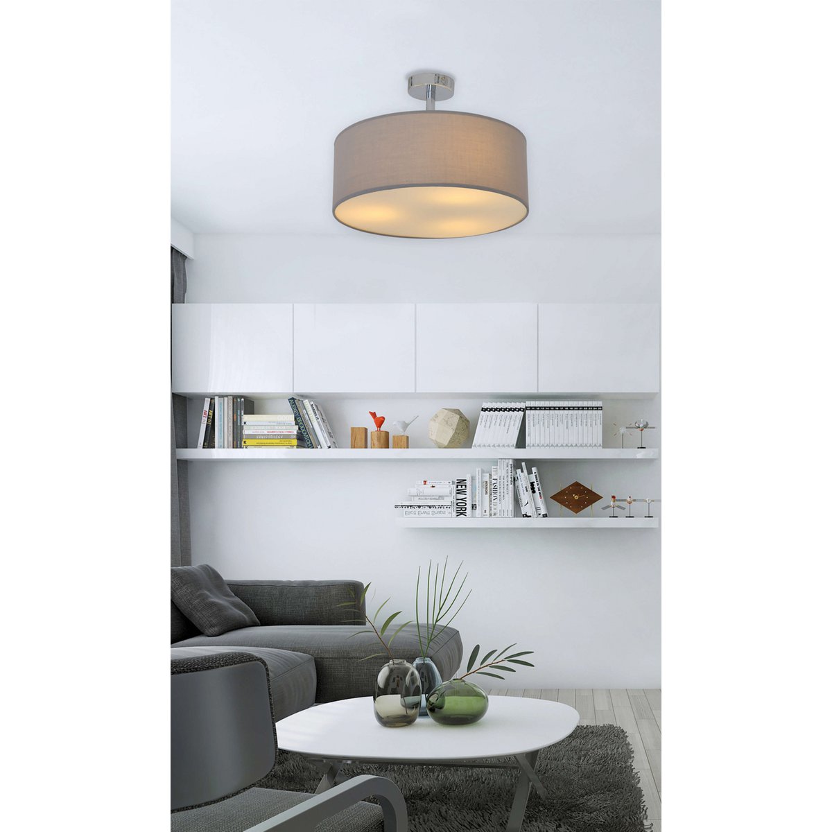 Textielplafondlamp "New York", klassieke plafondlamp met tekstbladen in grijs, met E27 -aansluiting, plafondlicht 40 cm in diameter, geschikt voor de hele woonruimte