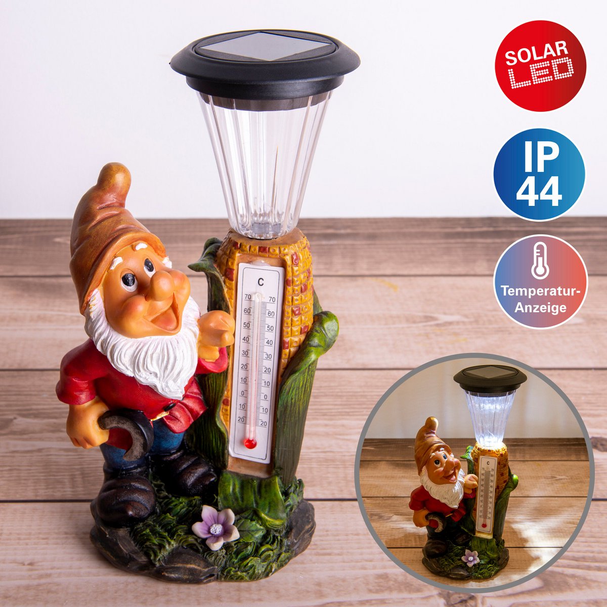LED -decoratie Solar Light "Dwarf" met thermometer gemaakt van geschilderde polyresin, ongeveer 26 cm hoog en uitgerust met stevig geïnstalleerde LED's