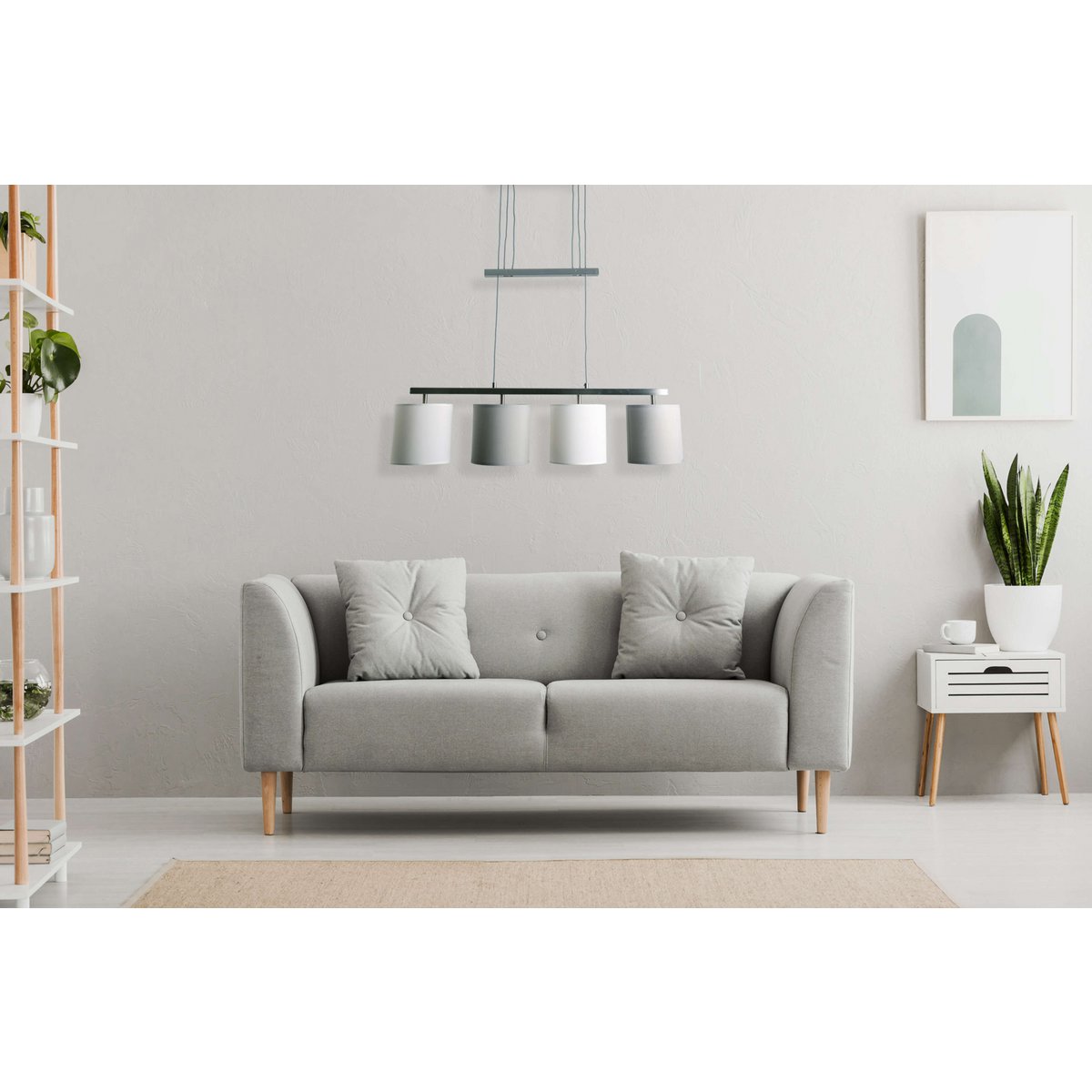 4 hanglamp "tilde", klassieke metalen slinger lamp en textiel in grijs en wit, met E27 -frame, hoogte verstelbaar, 86 cm lang, ideaal als eetlamp