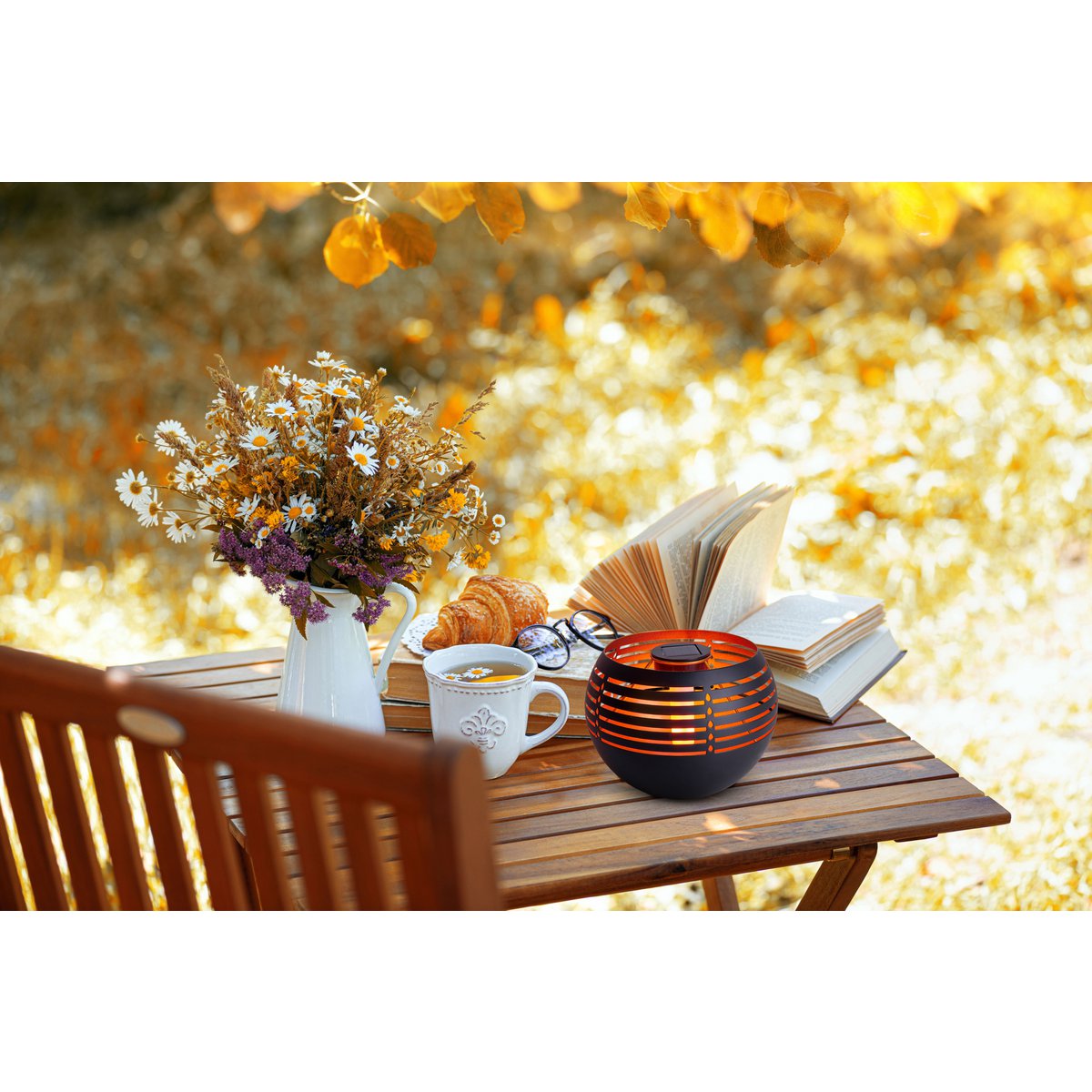 LED Decoratief-solar tafellicht, 16 cm hoog voor buiten, gemaakt van zwart metaal en plastic, met geïntegreerde LED