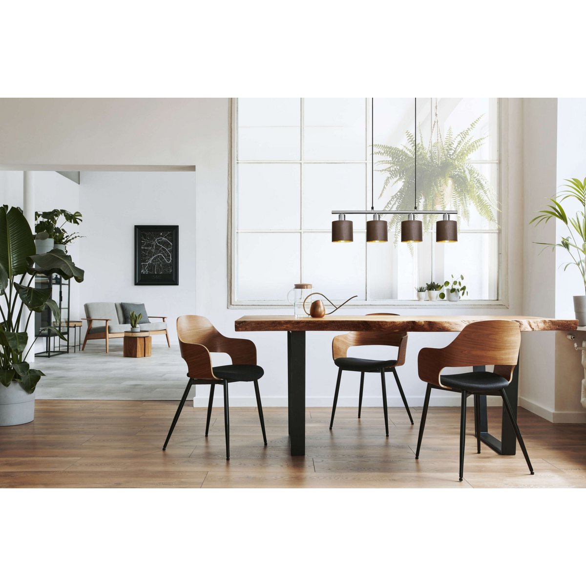 4 hanger lamp "maron" gemaakt van metalen satine-meter met stof paraplu's in bruin, met E14-aansluiting, lamp voor woonkamer of eetkamer, 71,5 x 12 cm