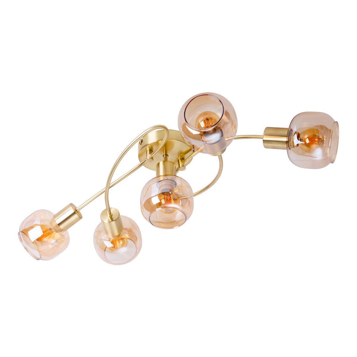 5er spot/plafondlamp "libby" messing, klassiek plafondlamp gemaakt van messing gekleurd metaal en getinte glas in barnsteen, met E14-aansluiting, voor eetkamer, woonkamer, gang of kantoor, 65,5 cm lang