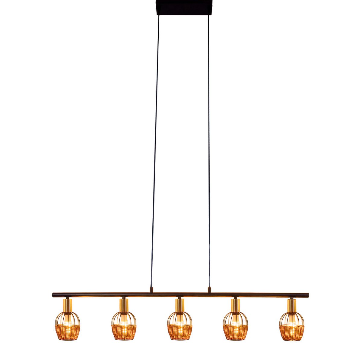 5 hanglamp "Corbis", echtelijke lamp gemaakt van zwart in zwart, met goud en rotan, met E14 -aansluiting, voor eetkamer, woonkamer, gang of kantoor, 100 cm lang
