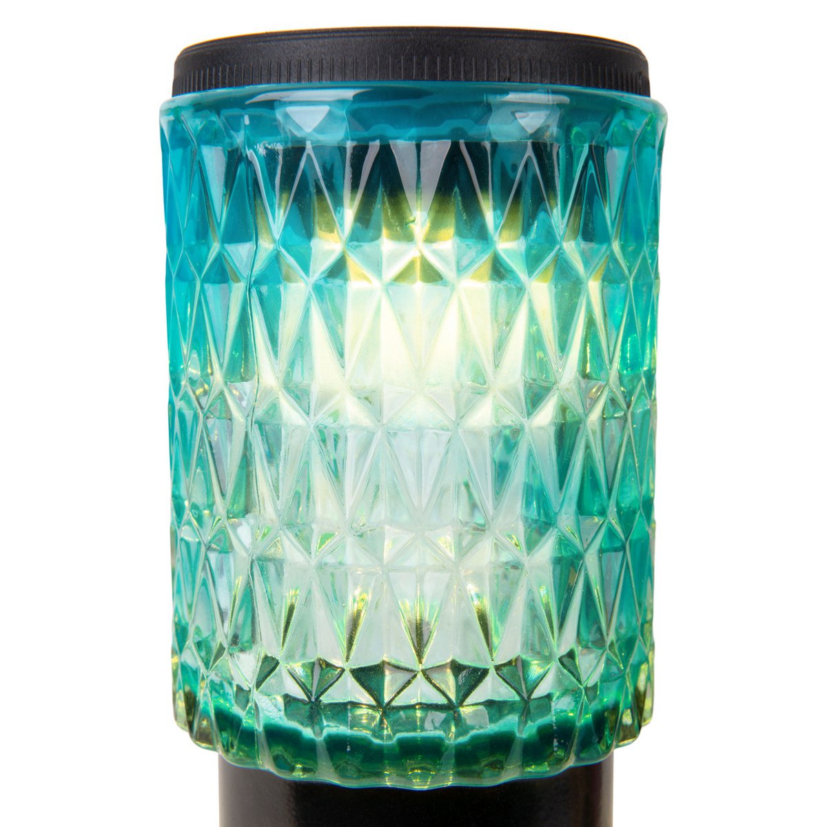 Zonne -decoratieve spiesjes "Mila" 2 set, Ø 8,3 cm, 25 cm hoog, zwart metaal, zwaar, gestructureerd glas in rood/geel en in blauw/groen, geïntegreerd LED, warm wit