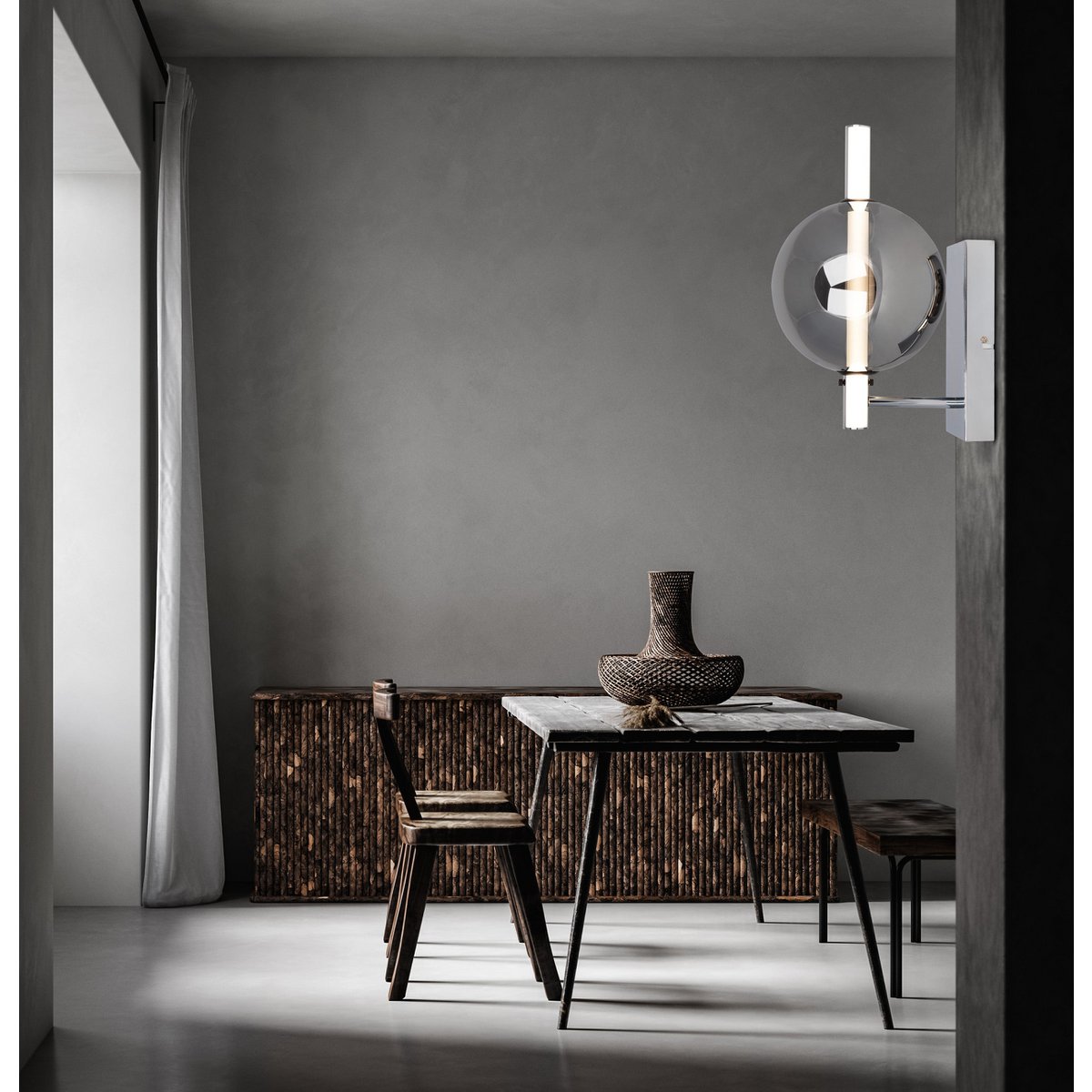 LED -wandlamp "Nova" chroom gemaakt van metaal en rookglas, met geïntegreerde LED, 31,3 cm hoog