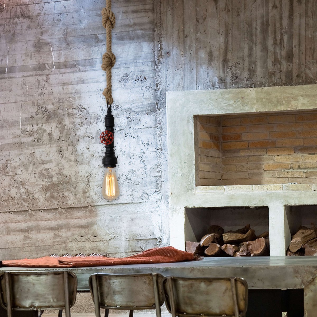 Hanger lamp "regia", black metal, henneptouw, E27 -versie, verlichting voor woonkamer, jeugdruimte of kantoor