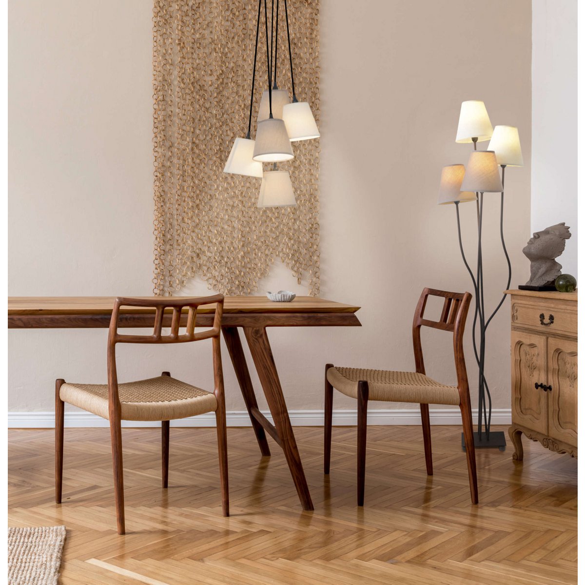 Textiel staande lamp 4-flame "boho", vloerlamp in beige/bruin, met E14-aansluiting, voor eetkamer, woonkamer, gang of kantoor, 138 cm hoog
