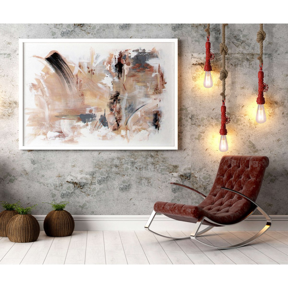 Hanger lamp "regia", rood metaal, henneptouw, E27 -versie, verlichting voor woonkamer, jeugdruimte of kantoor