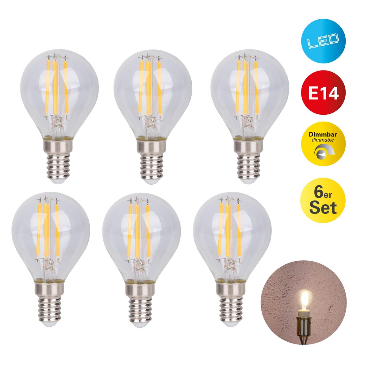 6-set LED-filamentlamp met E14 versie 4 watt, gemaakt van metaal en glas, helder