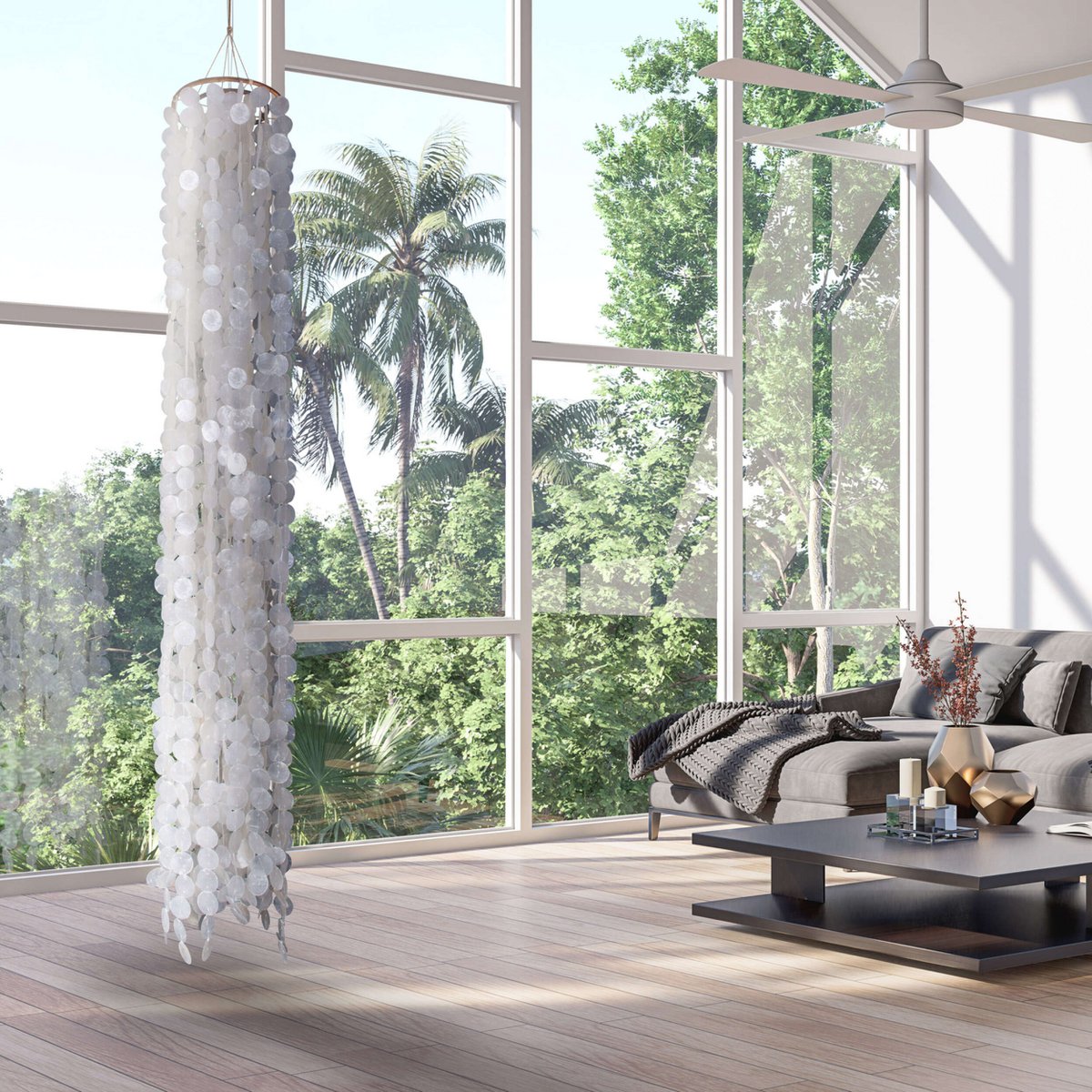 Hanger lamp "capiz" totale hoogte 235 cm, gemaakt van mosselplaten, met E27 -aansluiting, verlichting voor woonkamer, eetkamer of wintertuin