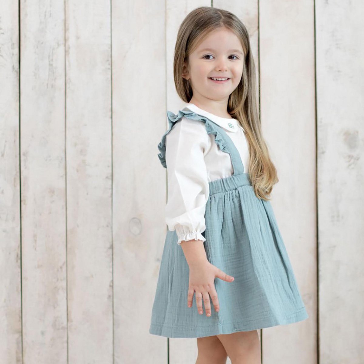 Organicera biologische mousseline babyjurk met franjes, aqua