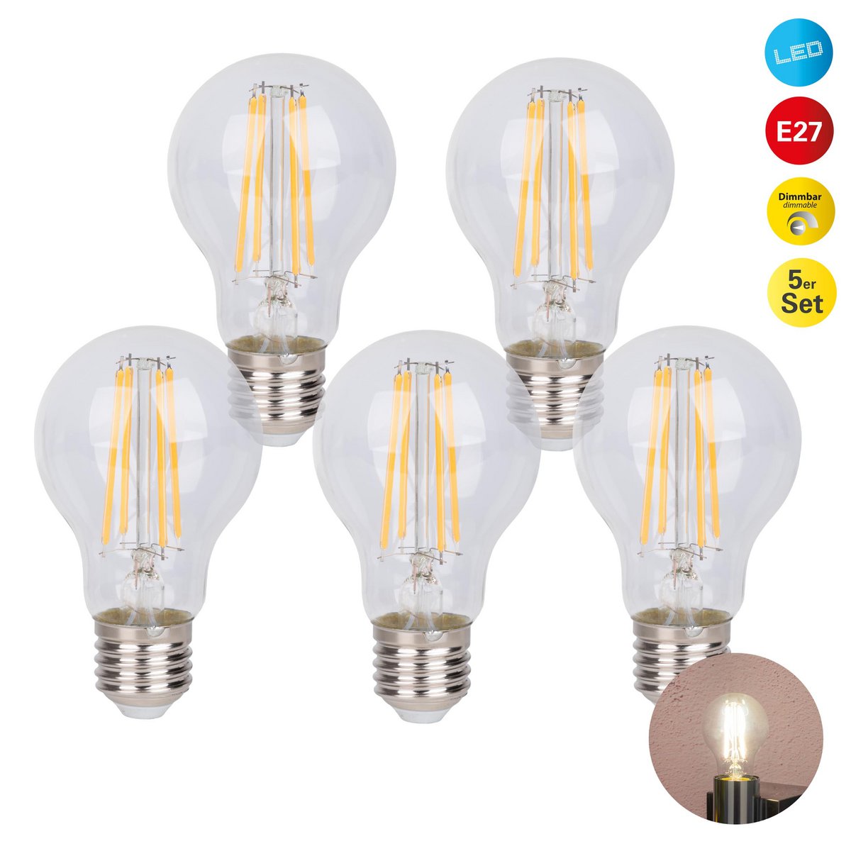 6-set LED-filamentlamp met E14 versie 8 watt, gemaakt van metaal en glas, helder