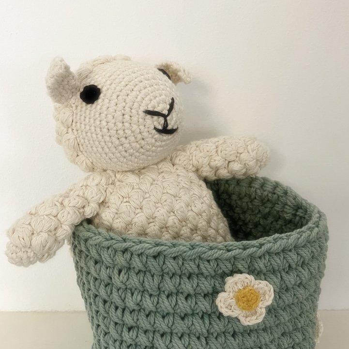 Luna -Leena Basket Sea Green met organische bloemen - H13x12øcm - Dikke katoen - Handhaak in Nepal