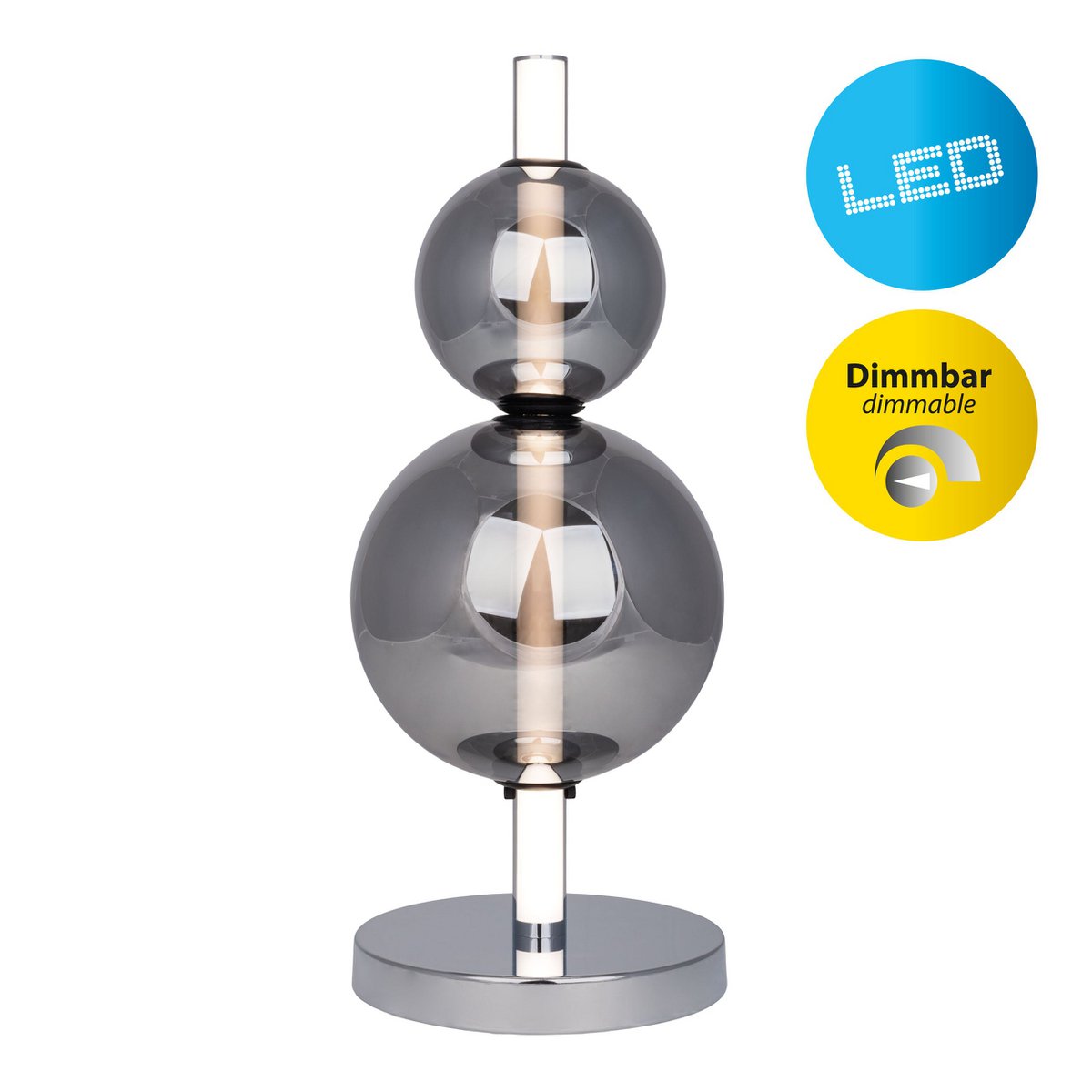 LED -tafellamp "Nova" chroom gemaakt van metaal en rookglas, met geïntegreerde LED, 44 cm hoog