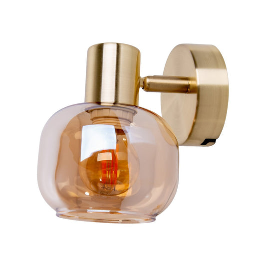 Glazen wandvlek "Libby", klassieke wandlamp gemaakt van messing gekleurd metaal en getinte glas in barnsteen, met E14-aansluiting, voor eetkamer, woonkamer, gang of kantoor, 16 cm