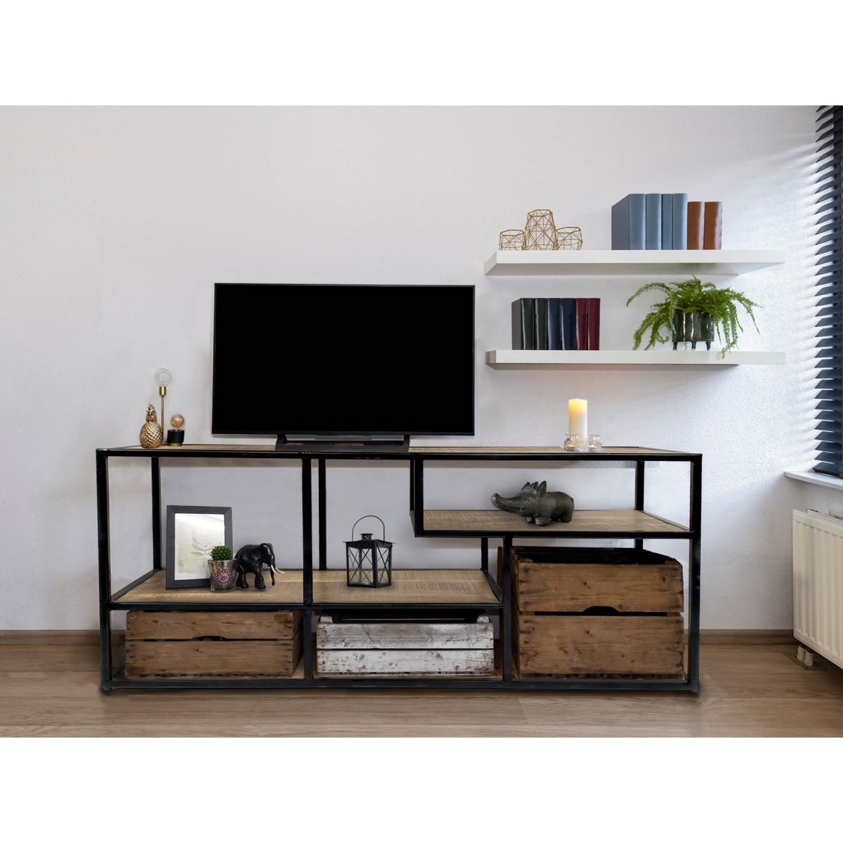 Staande plank scheidingswand boekenplank media plank boekenplank 130x60x36cm Liverpool metalen frame zwart