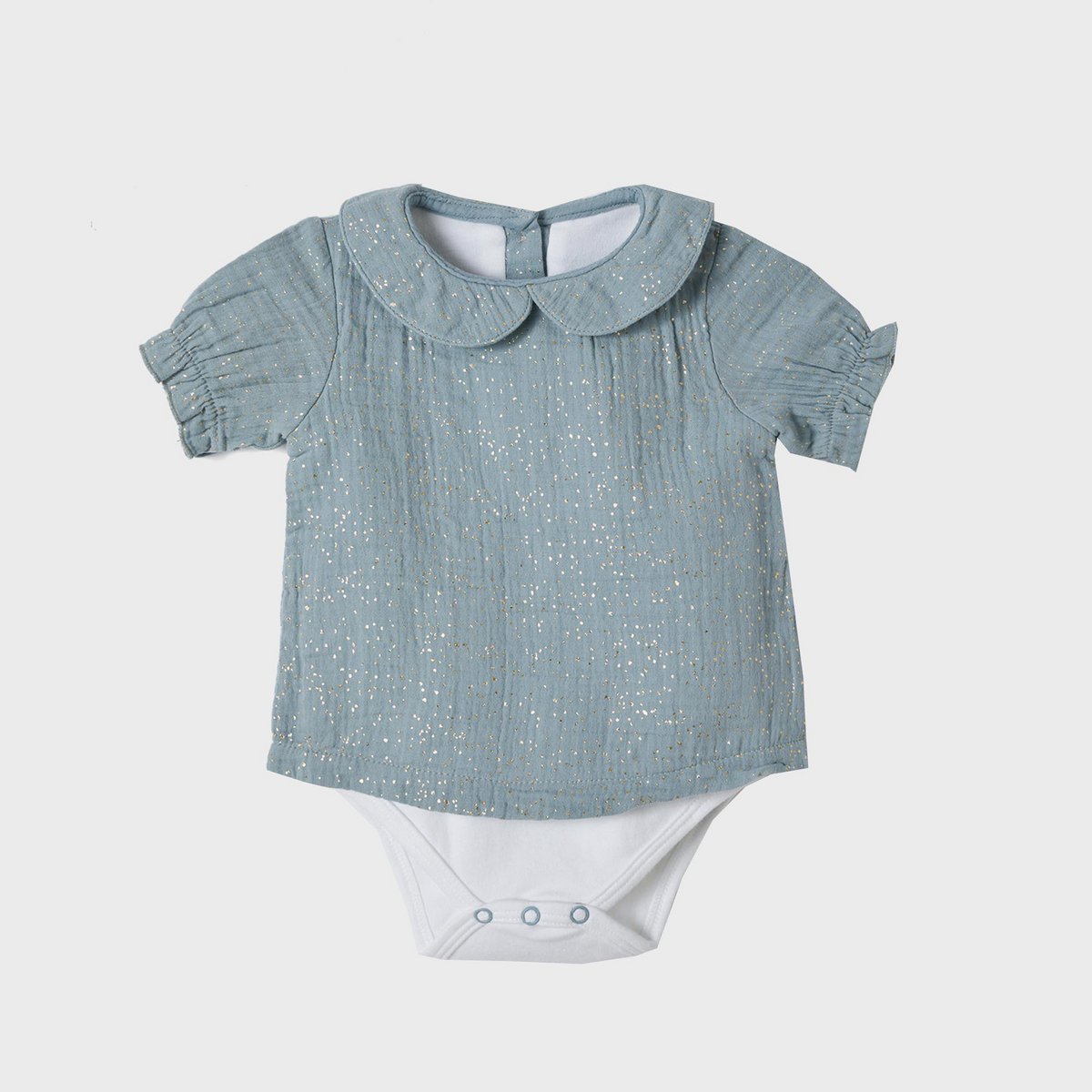 OrganicEra Biologische Mousseline PeterPan Kraag Shirt Body, Aqua & Glitter