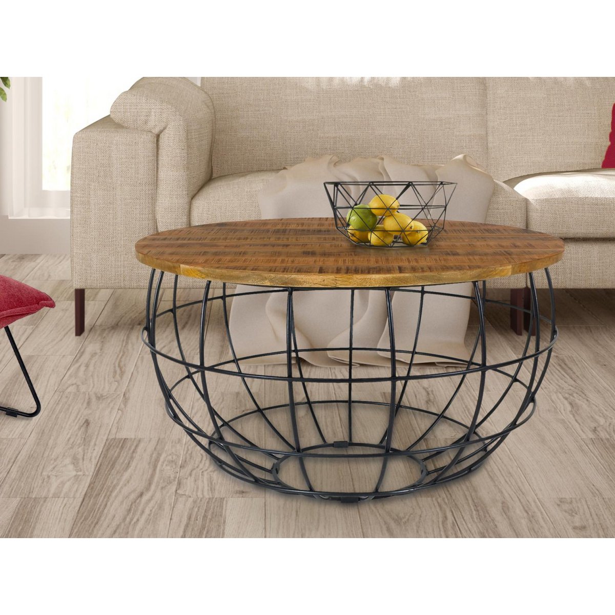 Ronde salontafel duurzaam Lexington ø 75 cm metalen gaas draadframe massief houten salontafel