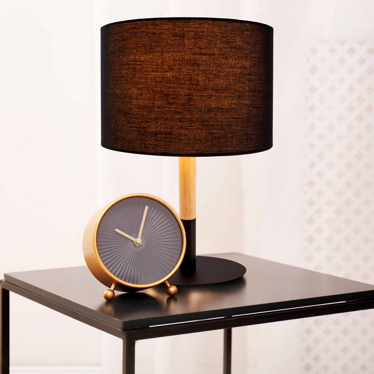 Textieltafel Licht "Tessile", tafellamp gemaakt van metaal, textiel en rubberen boom in zwart,/Natuur, met E14 -aansluiting, voor eetkamer, woonkamer, gang of kantoor, 37 cm hoog