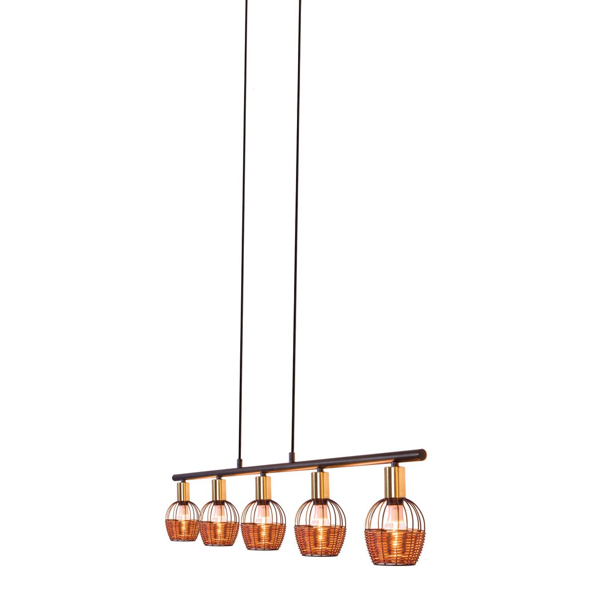 5 hanglamp "Corbis", echtelijke lamp gemaakt van zwart in zwart, met goud en rotan, met E14 -aansluiting, voor eetkamer, woonkamer, gang of kantoor, 100 cm lang