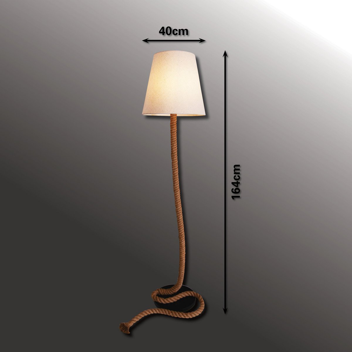 Staande lamp "touw" gemaakt van metaal, plastic, jute en textielmateriaal in de natuur, met E27 -versie, verlichting voor woonkamer, eetkamer of kantoor, 165 cm hoog