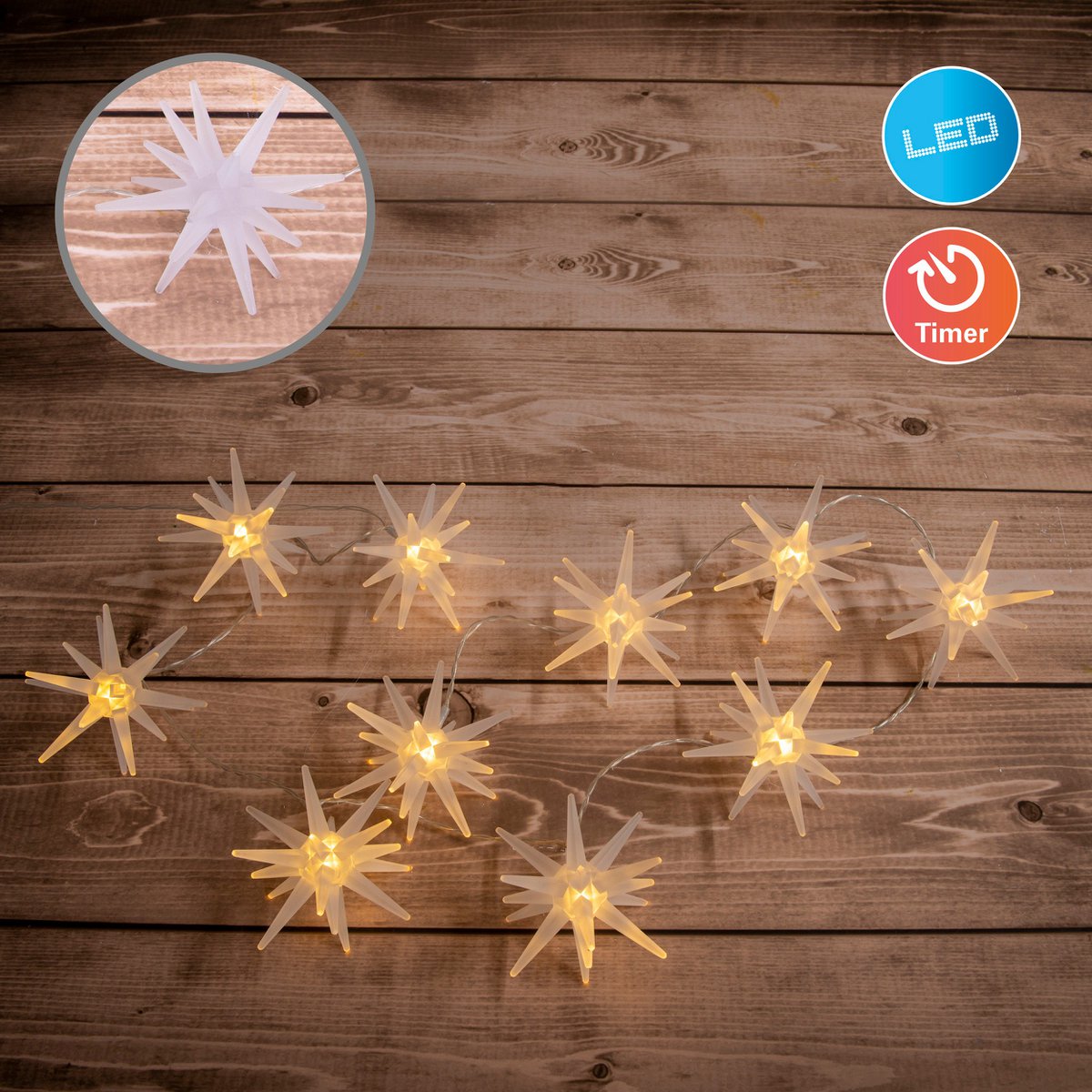 10-geleide lichte keten "3D Stars" -Christmas Decoraties gemaakt van plastic in wit, met stevig geïnstalleerde LED's