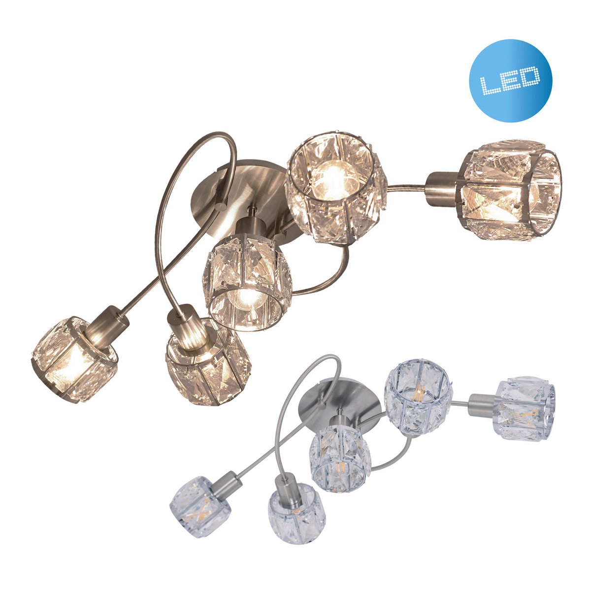 5-geleide plafondlicht "Josefa", metalen plafondlamp en glas in roestvrijstalen look, met E14-versie Filamentlampen inbegrepen, voor woonkamer, eetkamer, hal of gang 61 x 36 x 21 cm