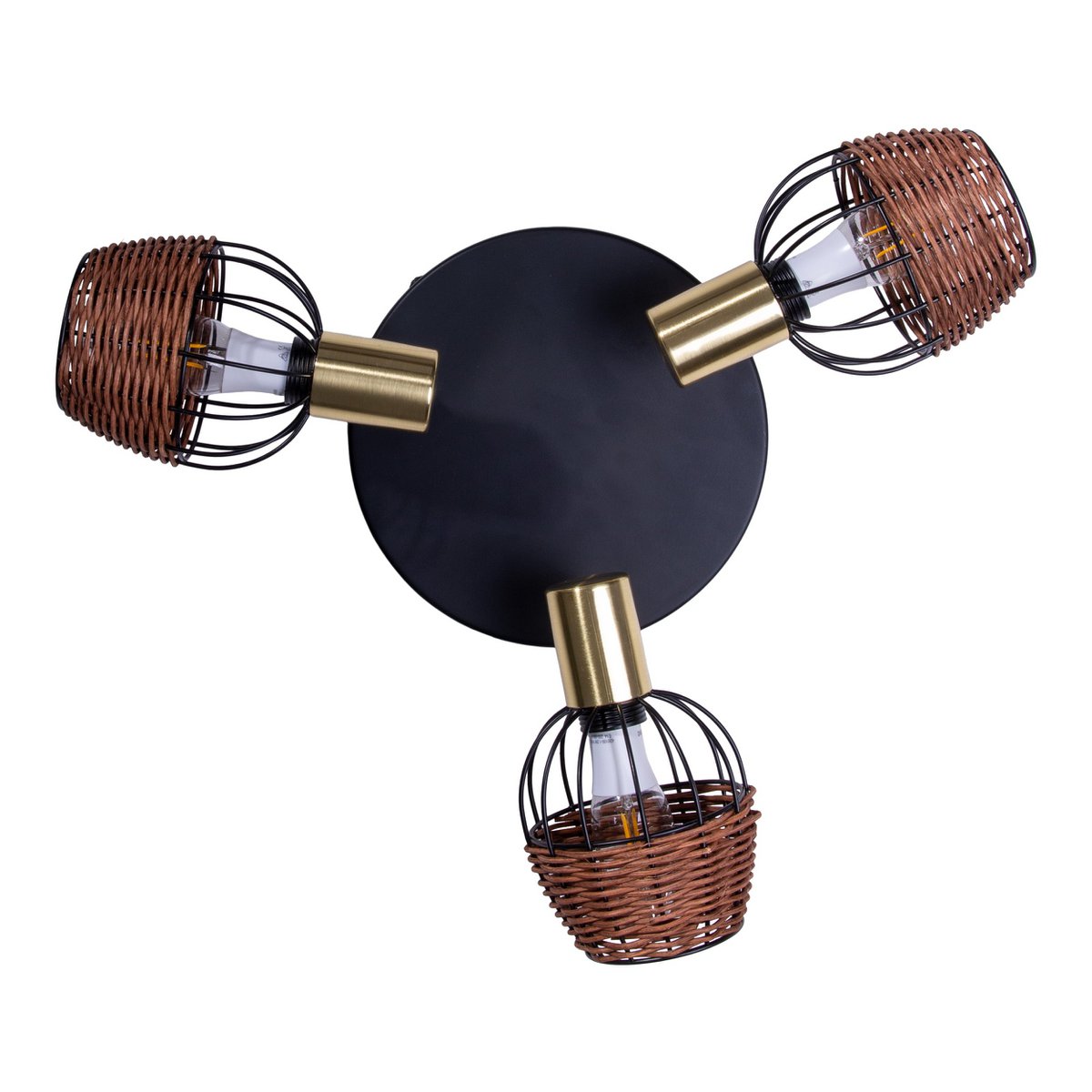 3 "Corbis" plafond Rondel, metalen plek in zwart, met goud en rattan, met E14 -aansluiting, voor eetkamer, woonkamer, gang of kantoor, verlichting voor woonkamer, eetkamer of kantoor, 38 cm diameter, diameter van 38 cm