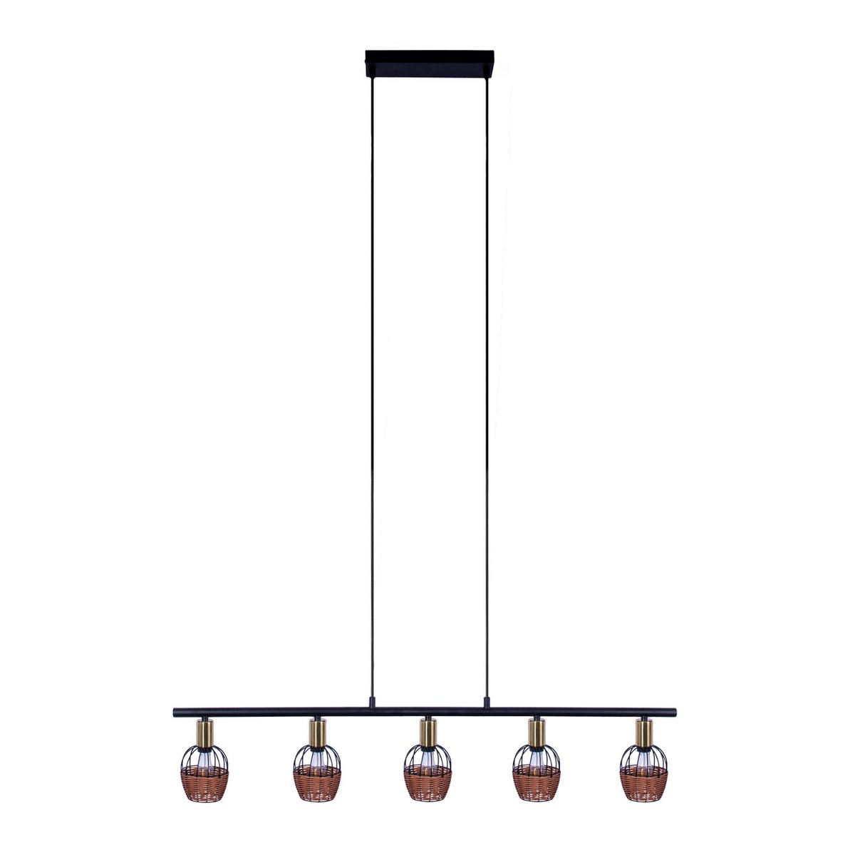5 hanglamp "Corbis", echtelijke lamp gemaakt van zwart in zwart, met goud en rotan, met E14 -aansluiting, voor eetkamer, woonkamer, gang of kantoor, 100 cm lang