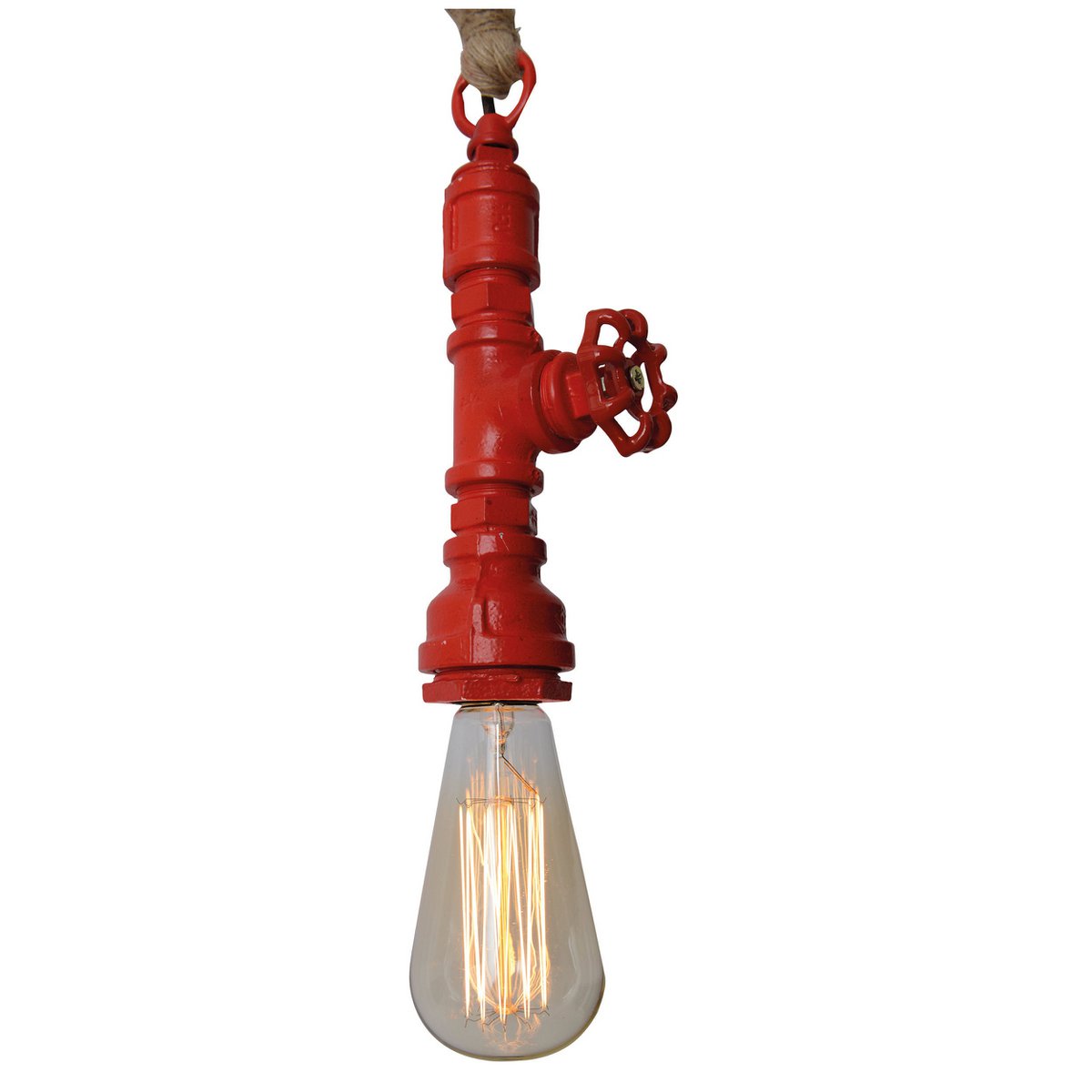 Hanger lamp "regia", rood metaal, henneptouw, E27 -versie, verlichting voor woonkamer, jeugdruimte of kantoor