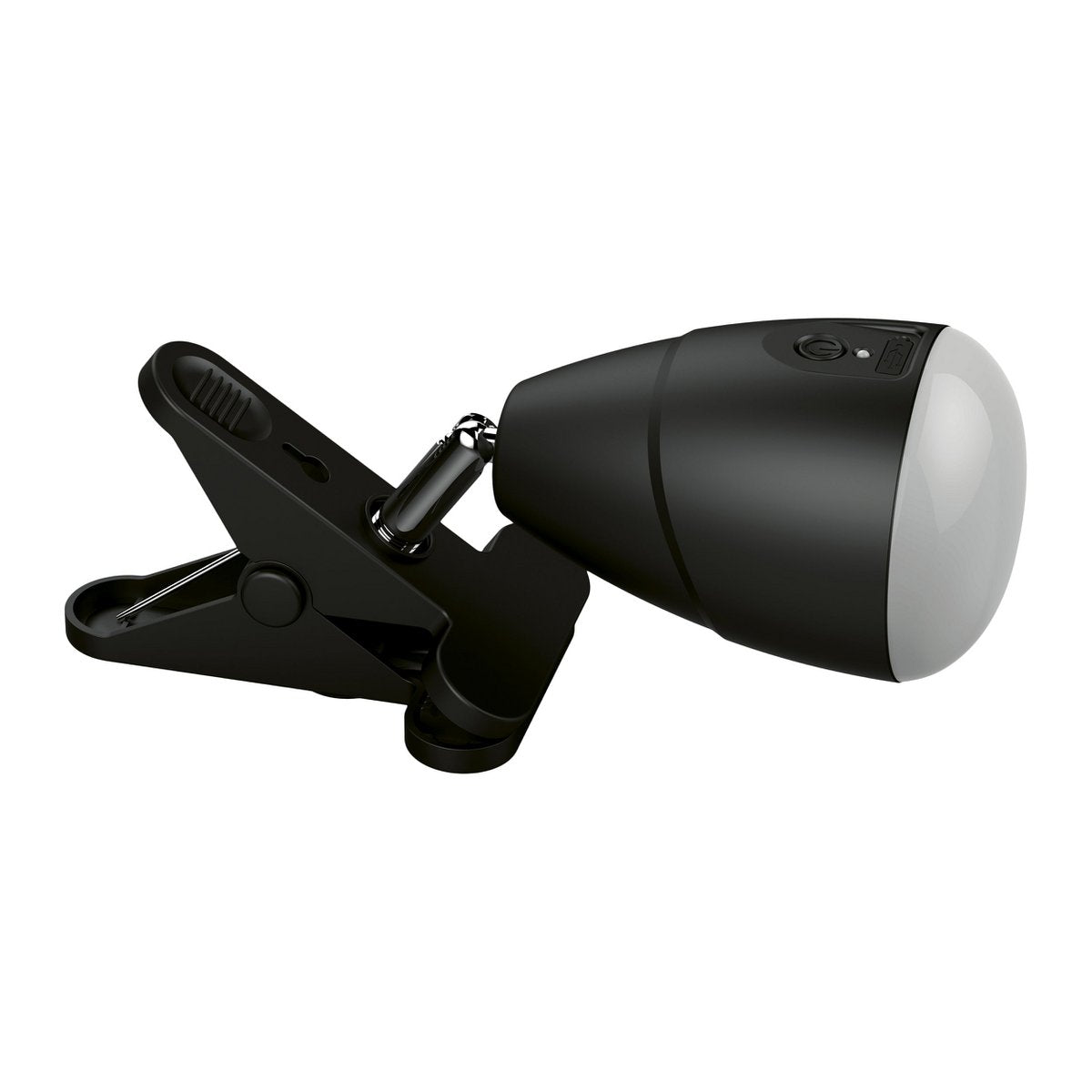 LED -klemlamp gemaakt van metaal en plastic in het zwart, met geïntegreerde LED's