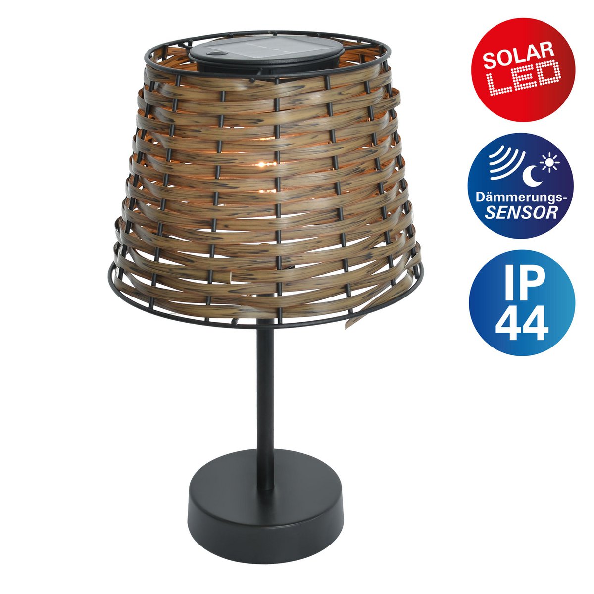 Solar-Table Light Rattan "Rada" in bruin, met schemeringsensor, warm wit, 31 cm hoog, voor de buitenruimte