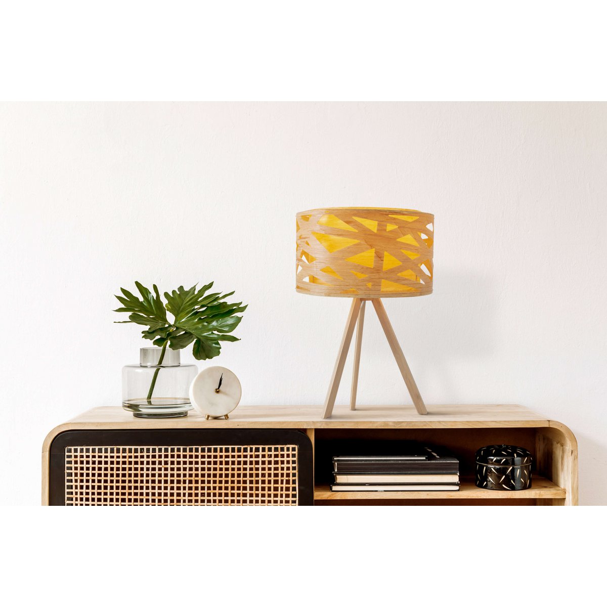 Tafellamp "Finja" gemaakt van natuurlijk gekleurde plastic/holzimitatie, met E27-versieverlichting voor woonkamer, eetkamer of kantoor, 55 cm hoog