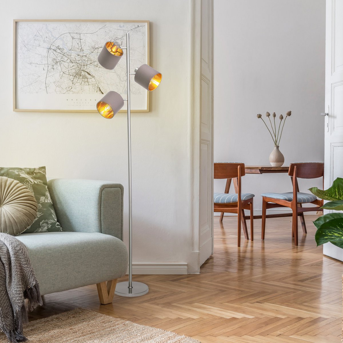 Staande lamp "maron" gemaakt van metalen satine-mat met stof paraplu's in bruin, met E14-aansluiting, voor eetkamer, woonkamer, gang of kantoor, lamp voor woonkamer, eetkamer, hal en kantoor, staande lamp in 153 cm High