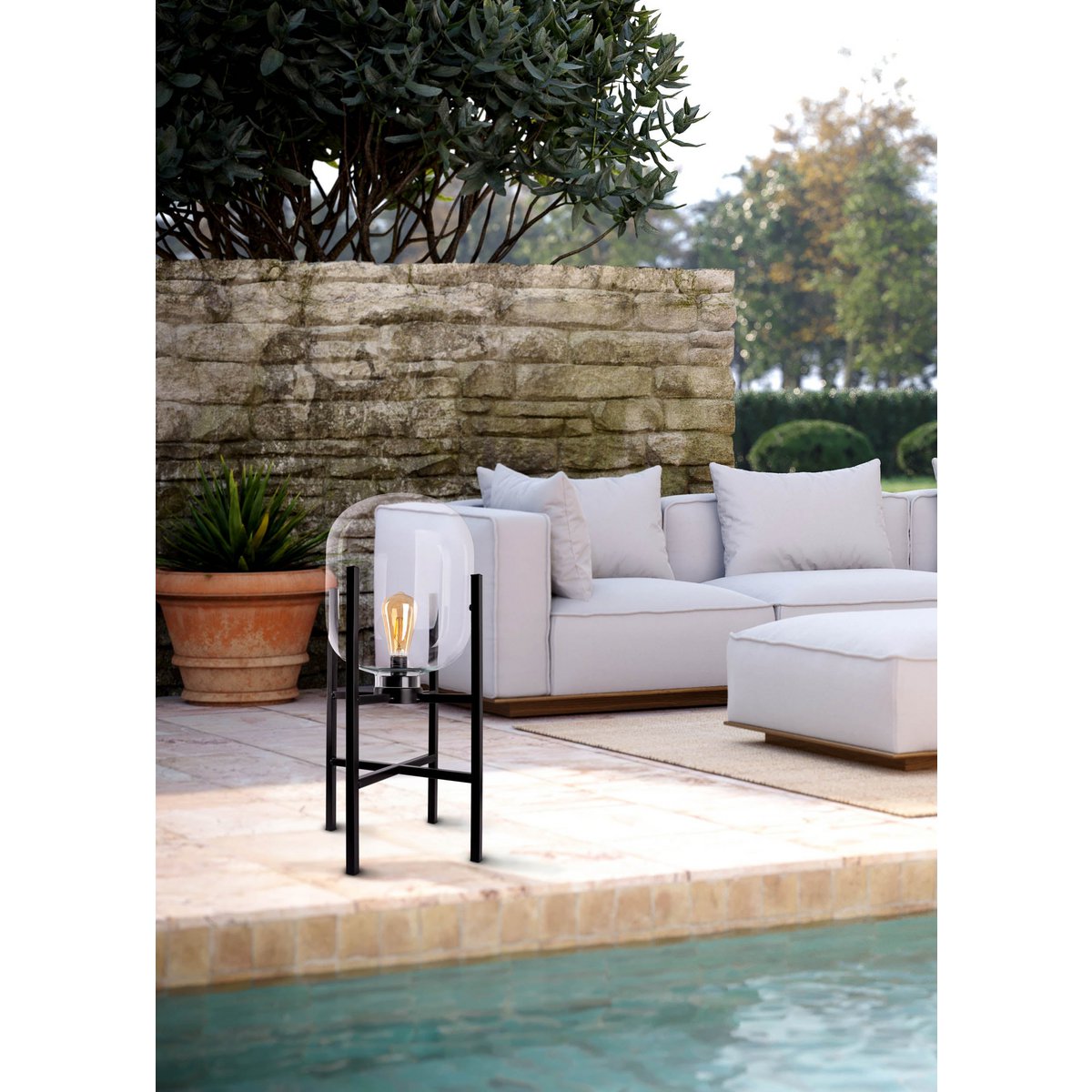 LED Socket Light "Lora" hoogte 58 cm, gemaakt van metaal en glas, gemaakt van zwart metaal en helder glas, voor binnen en buiten