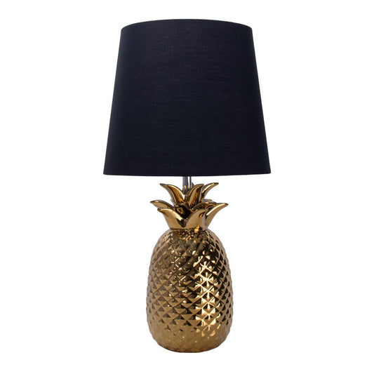 Keramische tafellamp "ananas", tafellamp gemaakt van keramiek met goudkleurig glazuur en zwart stofscherm, met E14-aansluiting, voor eetkamer, woonkamer, gang of kantoor, tafellamp 45 cm hoog
