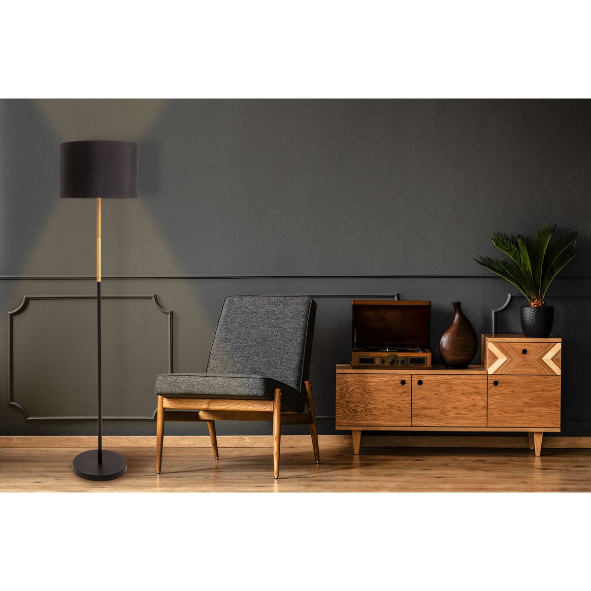 Textiel staande lamp "Tessile", vloerlamp gemaakt van metaal, rubberen boom en stof in zwart en natuur, E27 -aansluiting, 126 cm hoog