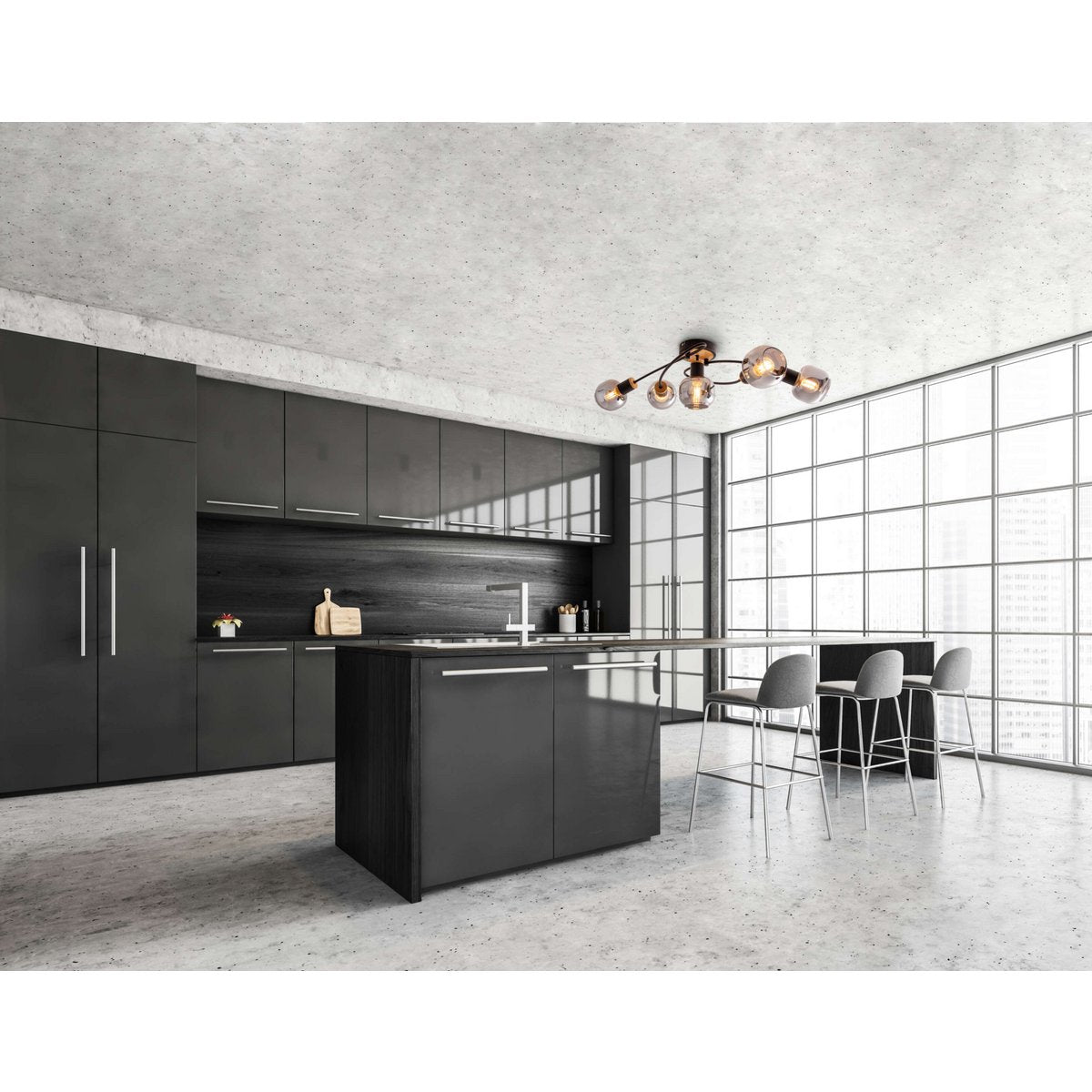 5 plafondlamp "fumoso", metalen plafondlamp en glas in zwart, met E14 -aansluiting, voor eetkamer, woonkamer, hal of kantoor, plafondlamp 65,6 x 25,5 cm