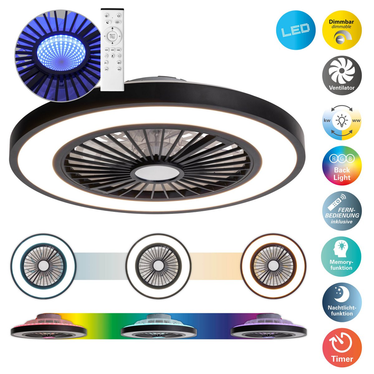 LED -plafondlichten + ventilator "arrioso" Ø 54 cm, gemaakt van metaal en plastic, met veel functies