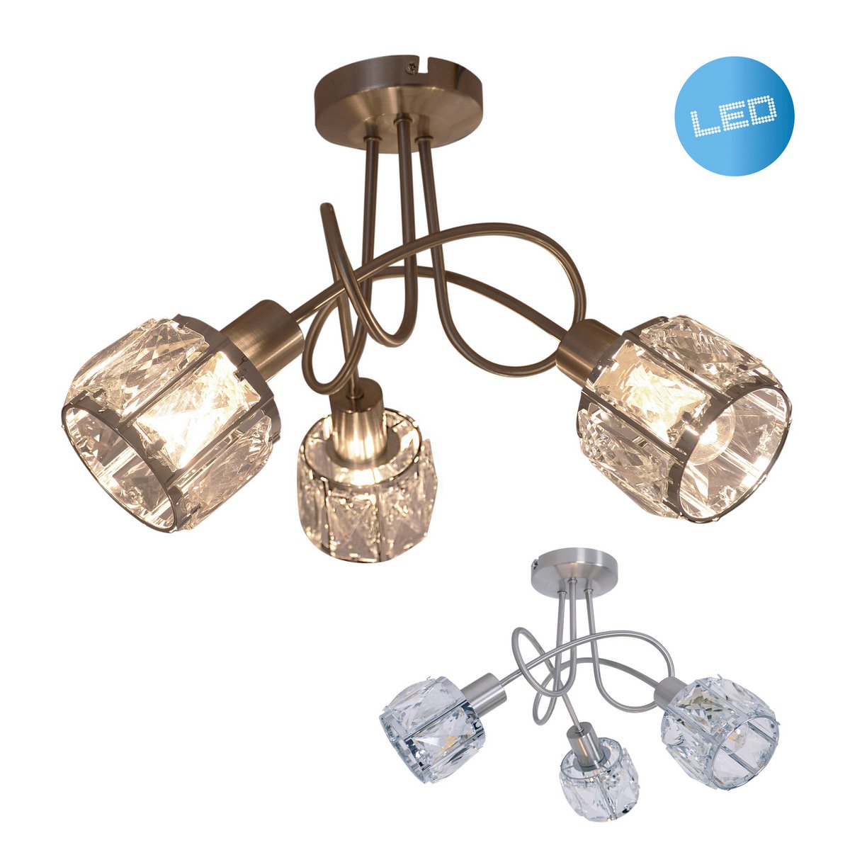LED-vlek "Josefa" met 3 zitplaatsen, metalen plafondlamp en glas in roestvrijstalen look, met E14-versie Filamentlampen inbegrepen, voor woonkamer, eetkamer, gang of gang 38 x 24 cm