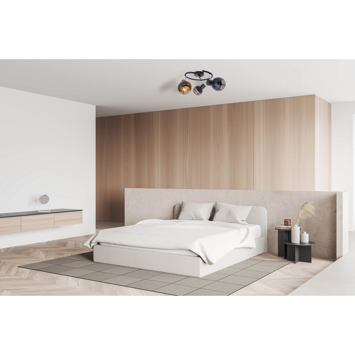 3-zits muur en plafond Rondel Spot "Casco" gemaakt van metaal in zwart en goud, met E27-versie, Øca. 48 cm. Stijlvolle verlichting voor woonkamer, eetkamer of keuken.