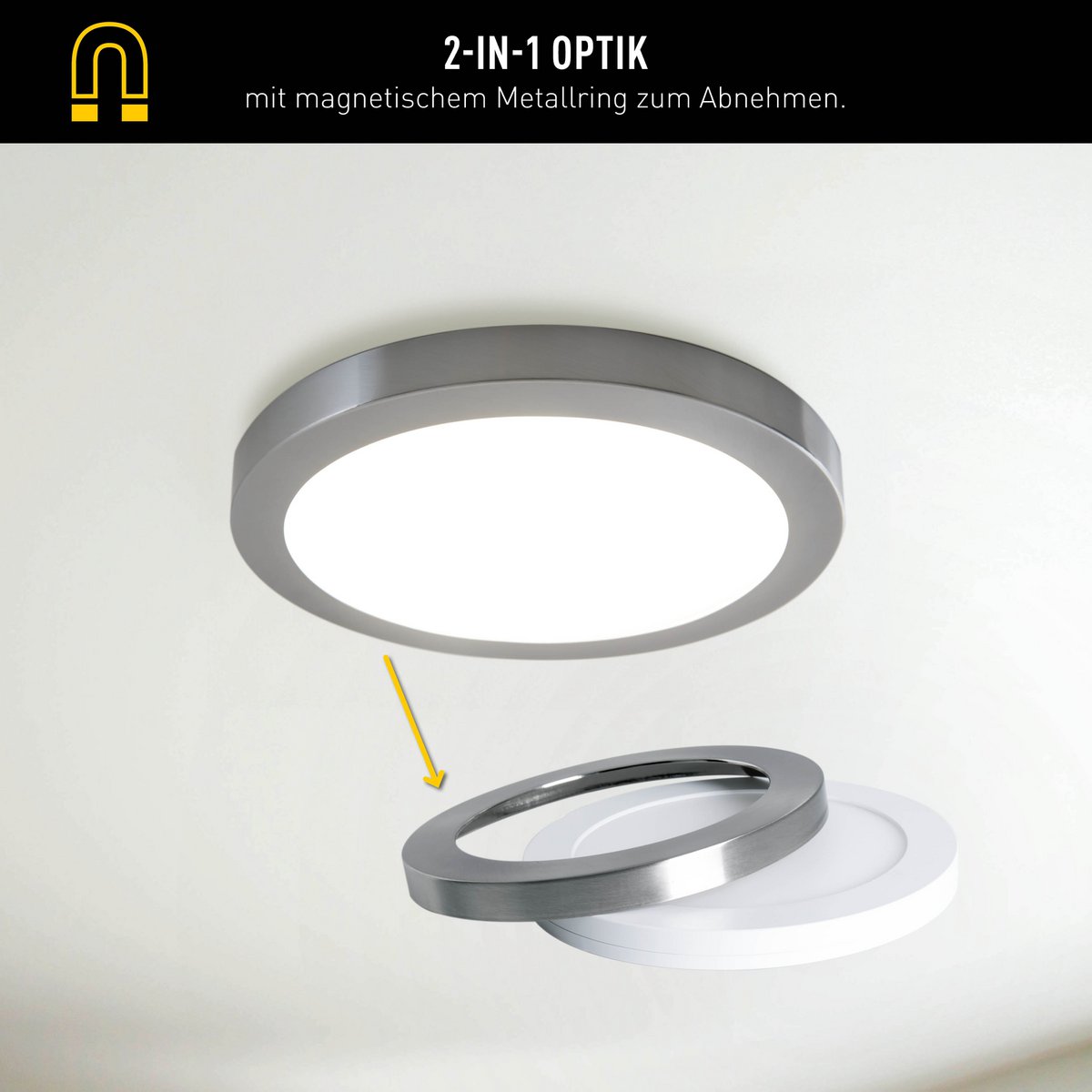 LED -plafondlamp "bonus", functie, metalen plafondlamp en plastic, ringen in chroom en wit kunnen worden gewijzigd, met stevig ingebouwde LED's, 22,5 cm diameter