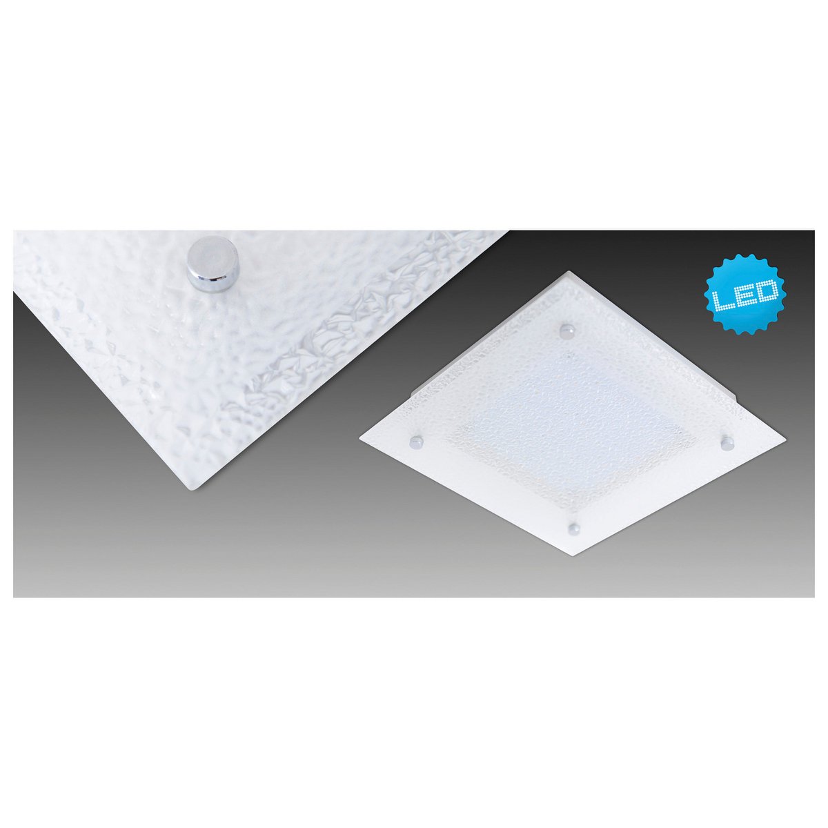 LED-plafondlamp met kristaloptica "Leeds", zijlengte 25 cm, gemaakt van chroomkleurig metaal en helder, gestructureerd glas, geïntegreerde LED's, warm wit