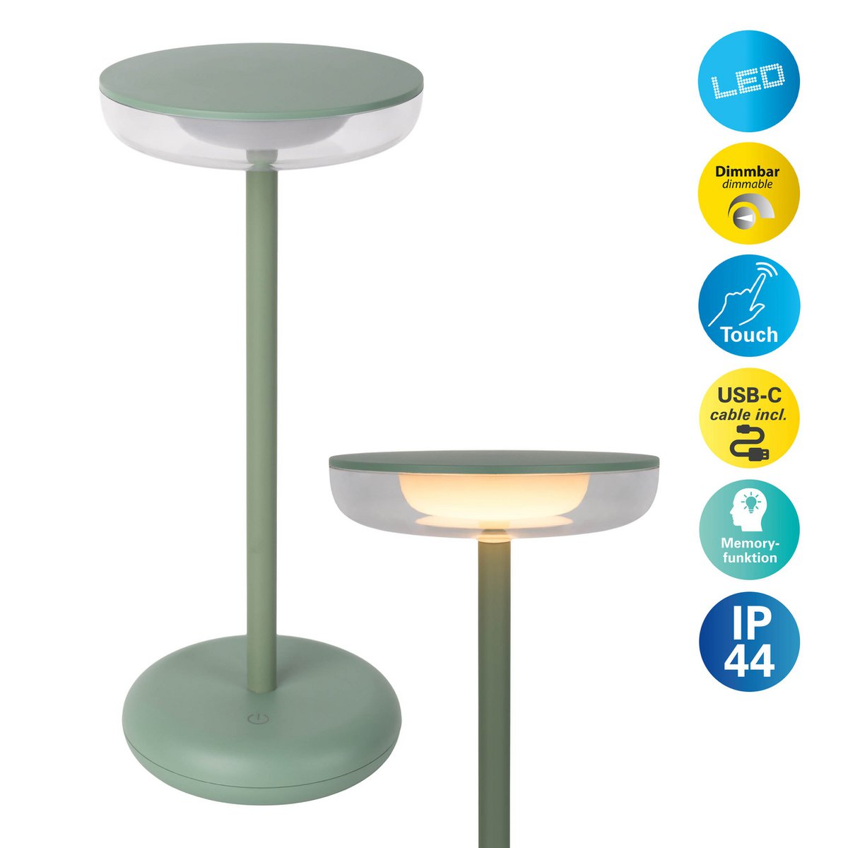 Noteloze tabletlamp "PASI" voor buiten en binnen, gemaakt van metaal en plastic in mint, dimbaar, met aanraking en geheugenfunctie, ca. 26 cm hoog