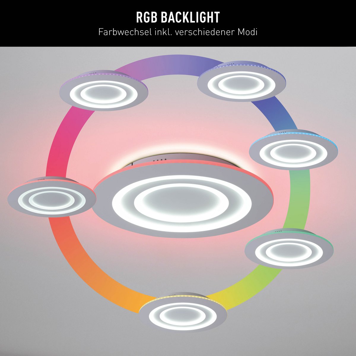 LED-plafondlicht "mirel" Ø 50 cm, 6 cm hoog, metaal en plastic in wit, geïntegreerde LED's, 2400 lm, dimmable, CCT-functie 3000-6500 K, RGB kleurverandering