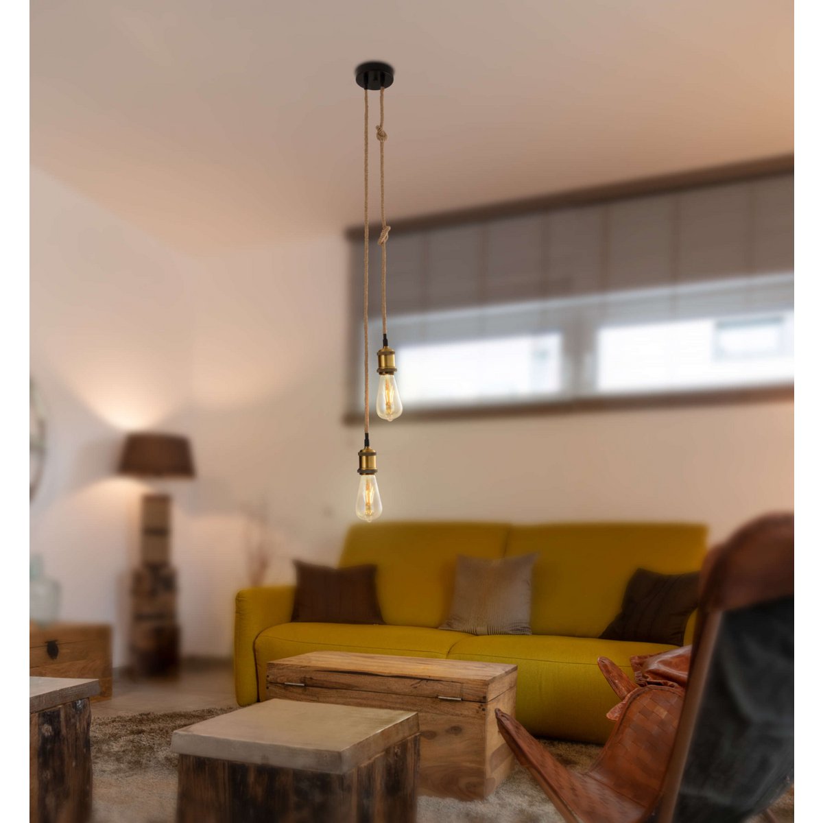 Metalen metalen Baldachin met 2 personen "Ontario" Decoratieve hanglamp gemaakt van metaal in alt-messing en jute, E27-versies, verlichting voor woonkamers of kantoor.