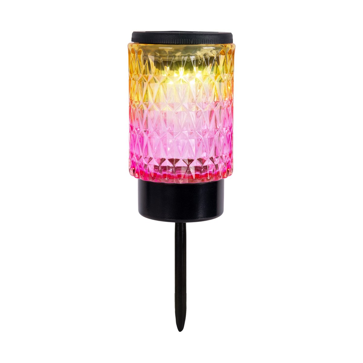 Zonne -decoratieve spiesjes "Mila" 2 set, Ø 8,3 cm, 25 cm hoog, zwart metaal, zwaar, gestructureerd glas in rood/geel en in blauw/groen, geïntegreerd LED, warm wit