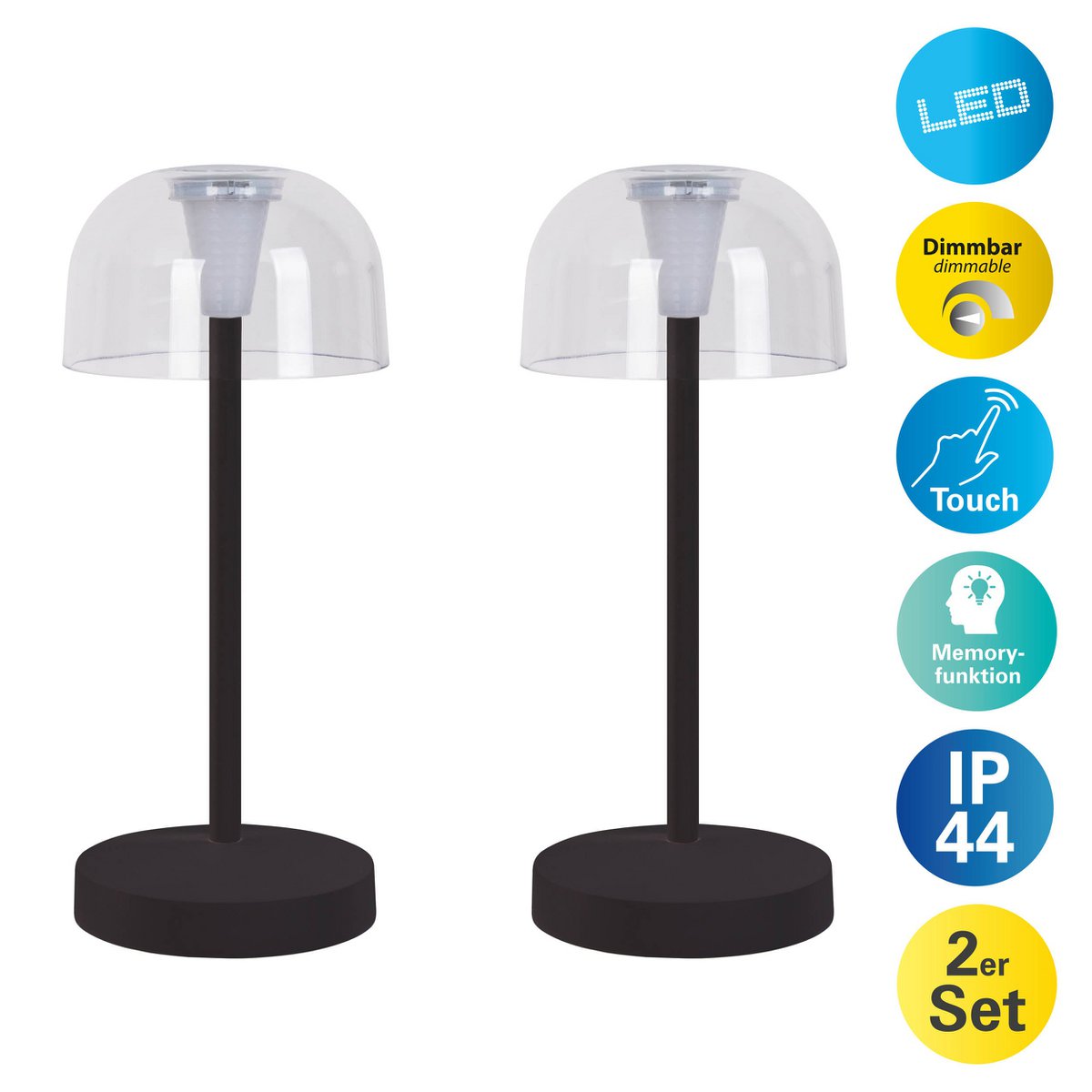 2 Set LED Battery Table Light "Gomba" voor buiten en binnen, gemaakt van metaal en plastic in zwart, 18,5 cm hoog