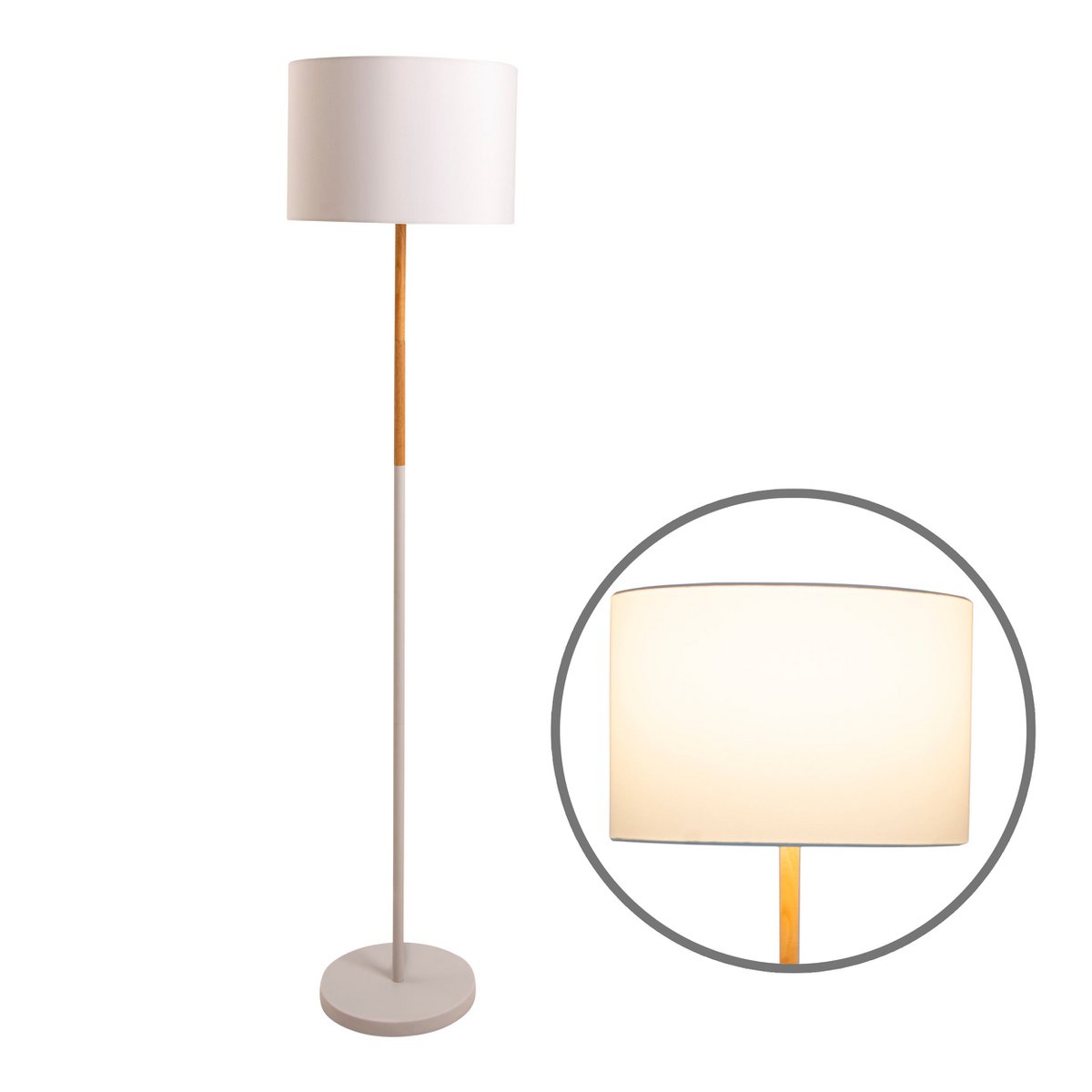 Textiel staande lamp "Tessile", vloerlamp gemaakt van metaal, rubberen boom en stof in wit en natuur, E27 -aansluiting, staande lamp 126 cm hoog