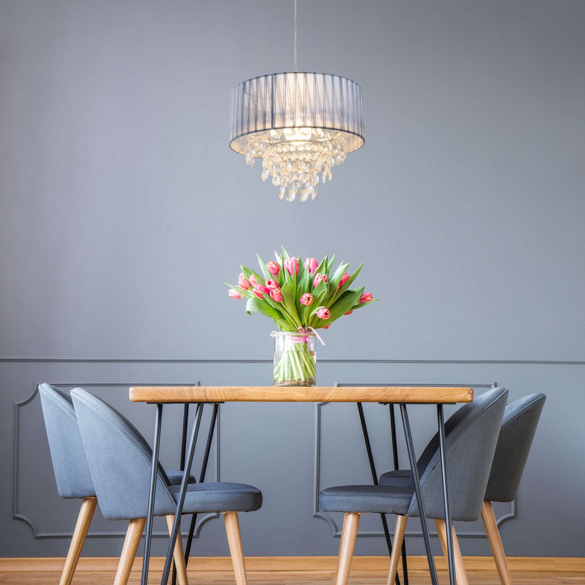 Deko hanglamp "Crystallo", hanglamp gemaakt van metaal, transparant plastic en grijs textielmateriaal, E27 -aansluiting, voor eetkamer, woonkamer, gang of kantoor, 30 cm diameter